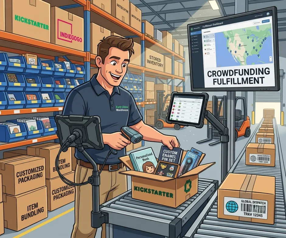 Warehouse worker scanning Kickstarter reward cartons beside a crowdfunding fulfillment dashboard