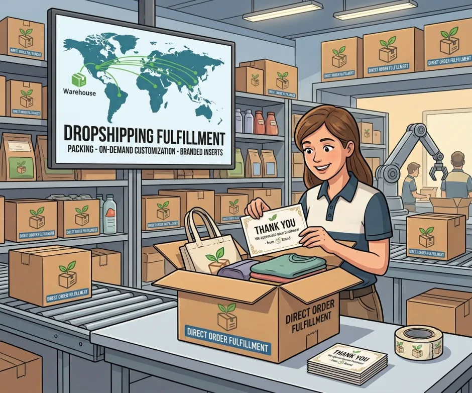 Warehouse worker adding a branded thank-you card to a dropshipping parcel before dispatch