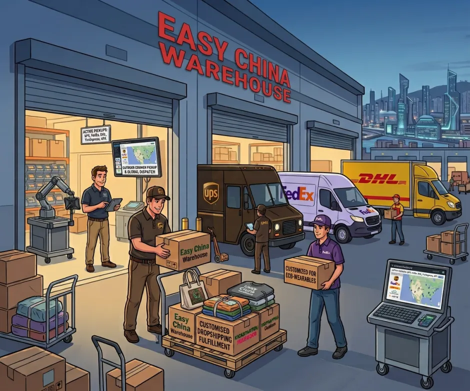 UPS, FedEx and DHL vans loading parcels at the Easy China Warehouse dispatch bay