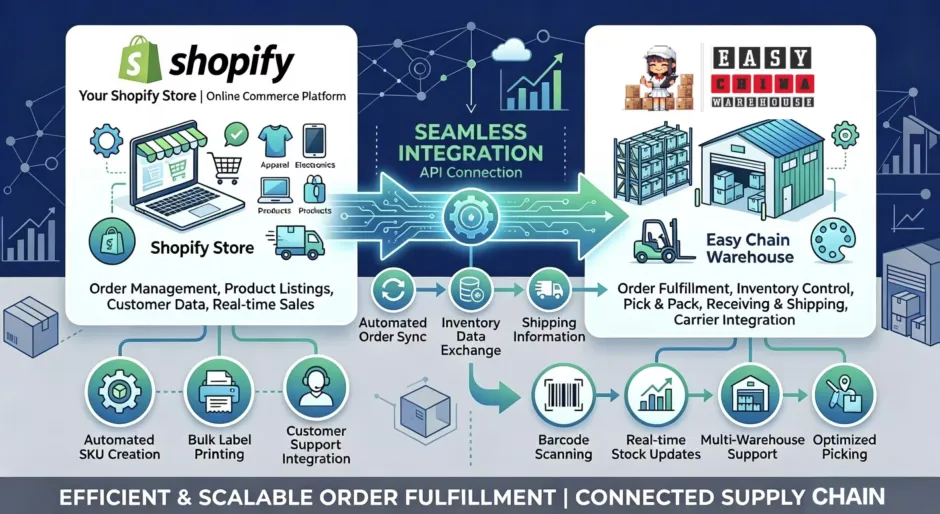 Diagram of Shopify and WooCommerce orders syncing into the Easy China Warehouse management system